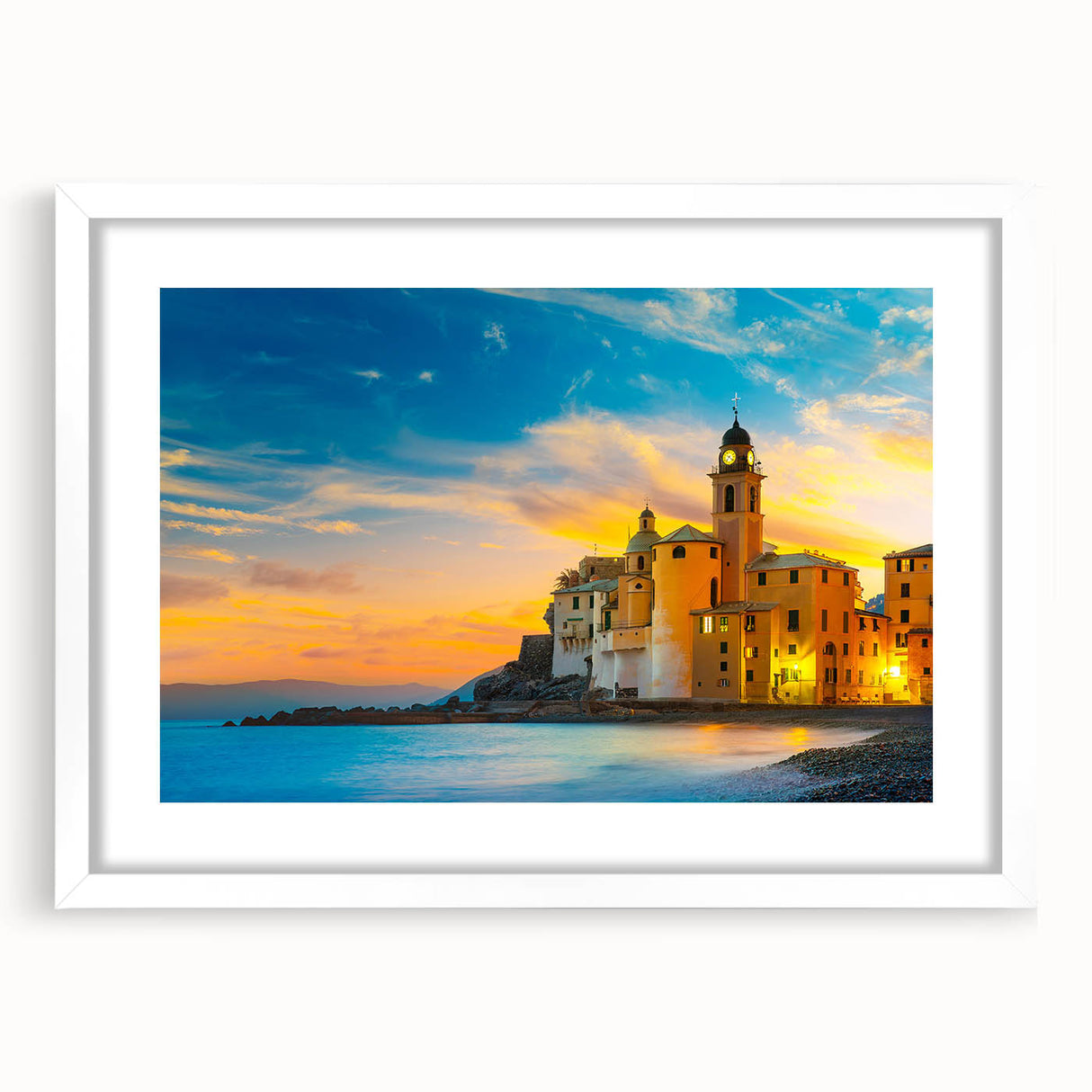 Textured art print of Cinque Terre with vibrant coastal colors on a framed white mat, ideal for bedroom art.