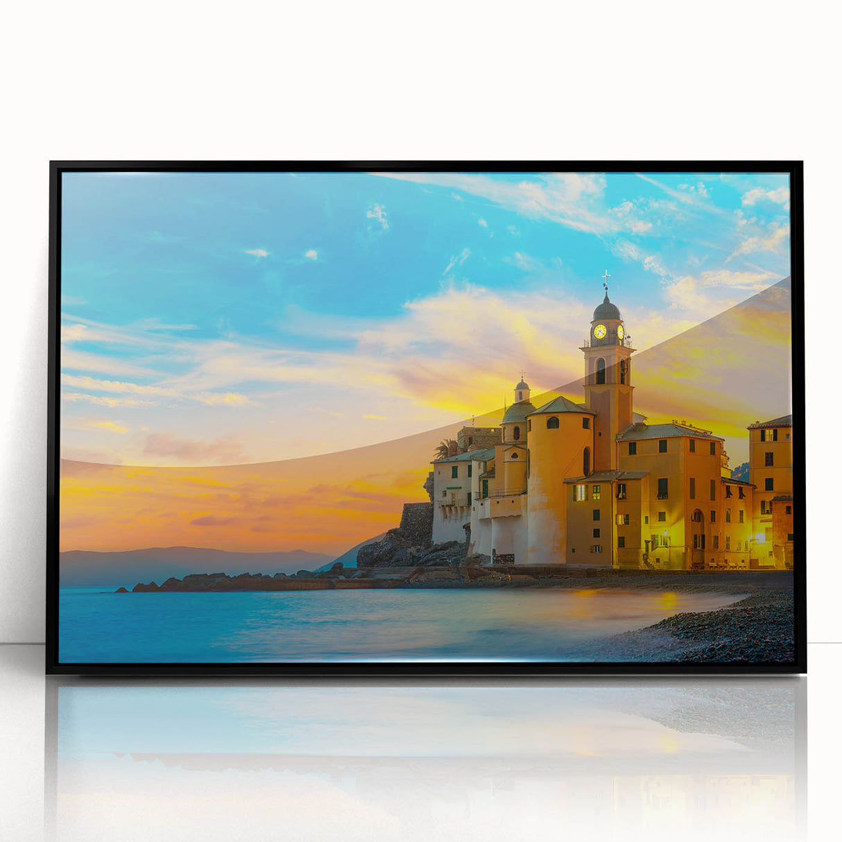 Large abstract wall art depicting the Cinque Terre coastline in muted earth tones, framed in black acrylic.