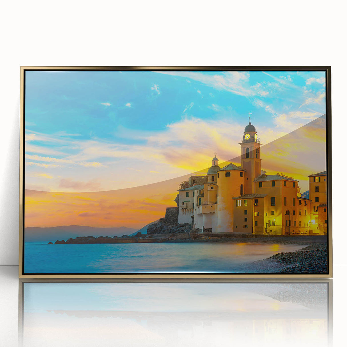Acrylic print of Cinque Terre with vibrant coastal colors in an art deco style, ideal for modern art wall decor.