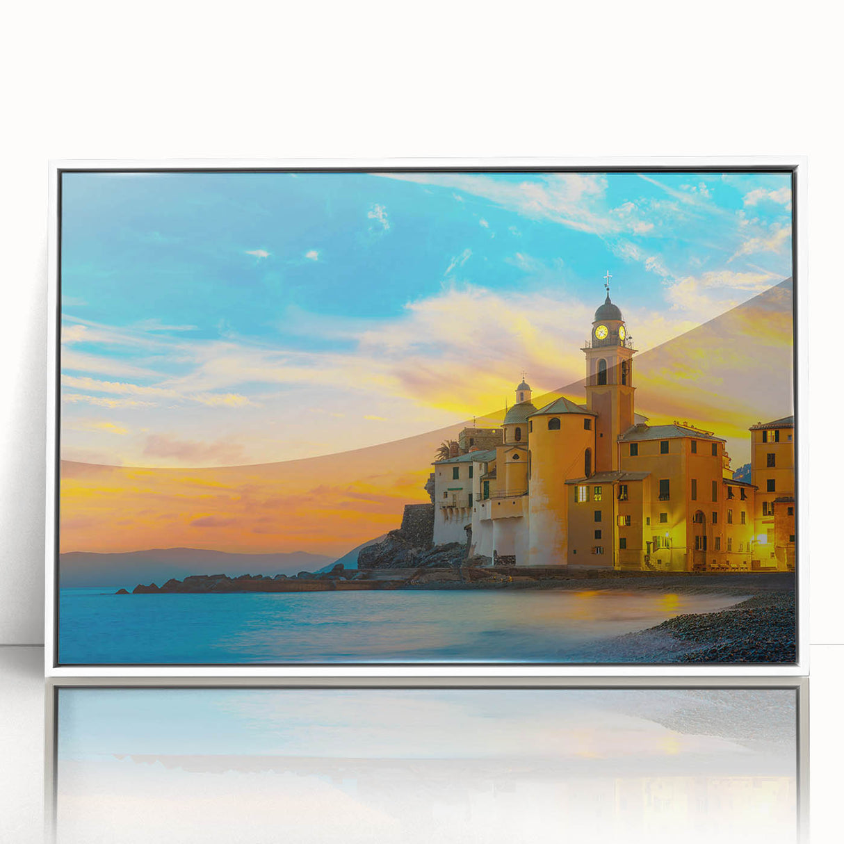Framed acrylic print of Cinque Terre with mid-century modernist style, in muted coastal colors, ideal for nursery wall art.