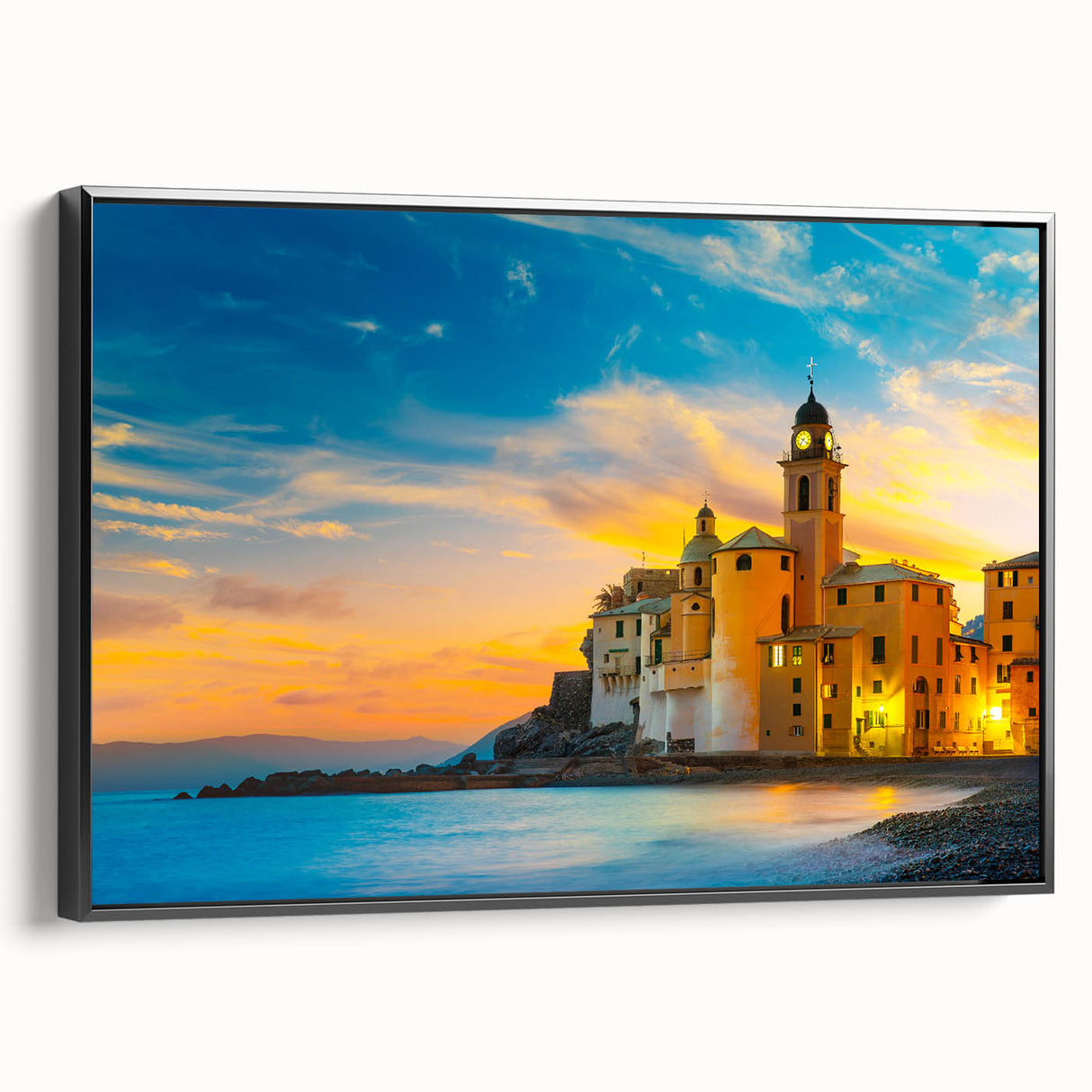 Black and white framed canvas of Cinque Terre landscape, ideal for bedroom wall decor.