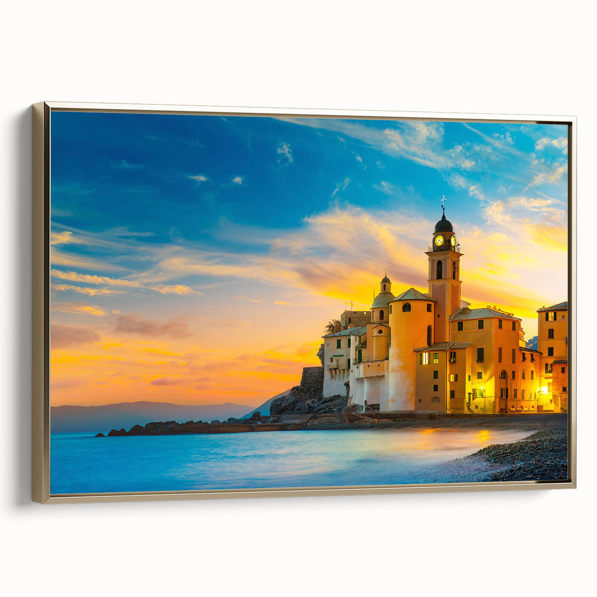 Framed canvas depicting Cinque Terre landscape in muted sepia tones, suitable as wall art for bedroom.
