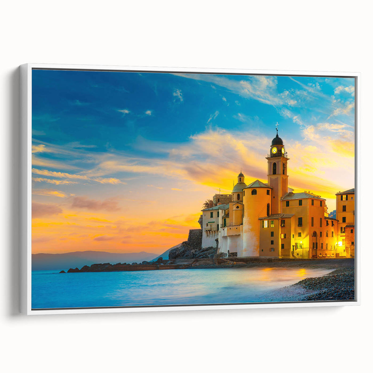 Vintage poster art of Cinque Terre on framed canvas, featuring colorful buildings and coastline, ideal for living room decor.