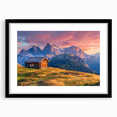 Colorful abstract art print of the Dolomites in vibrant hues on a textured, extra large canvas, ideal for living room decor.