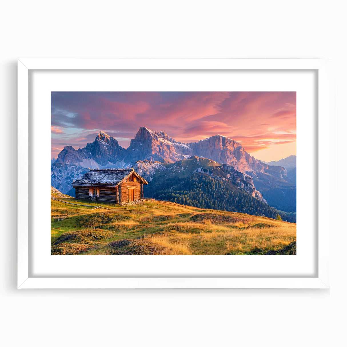 Textured art print of the Dolomites in muted earth tones on a framed white mat, ideal for bedroom decor.