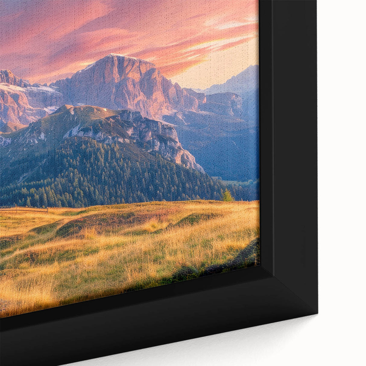 Extra large framed canvas of the Dolomites in Italy, featuring a textured, colorful art style on a black background.