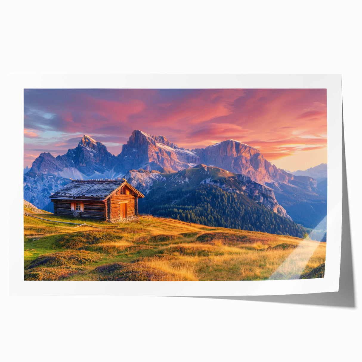 Rolled print of the Dolomites in Italy featuring lush greenery and mountain views, ideal for art wall dining room.