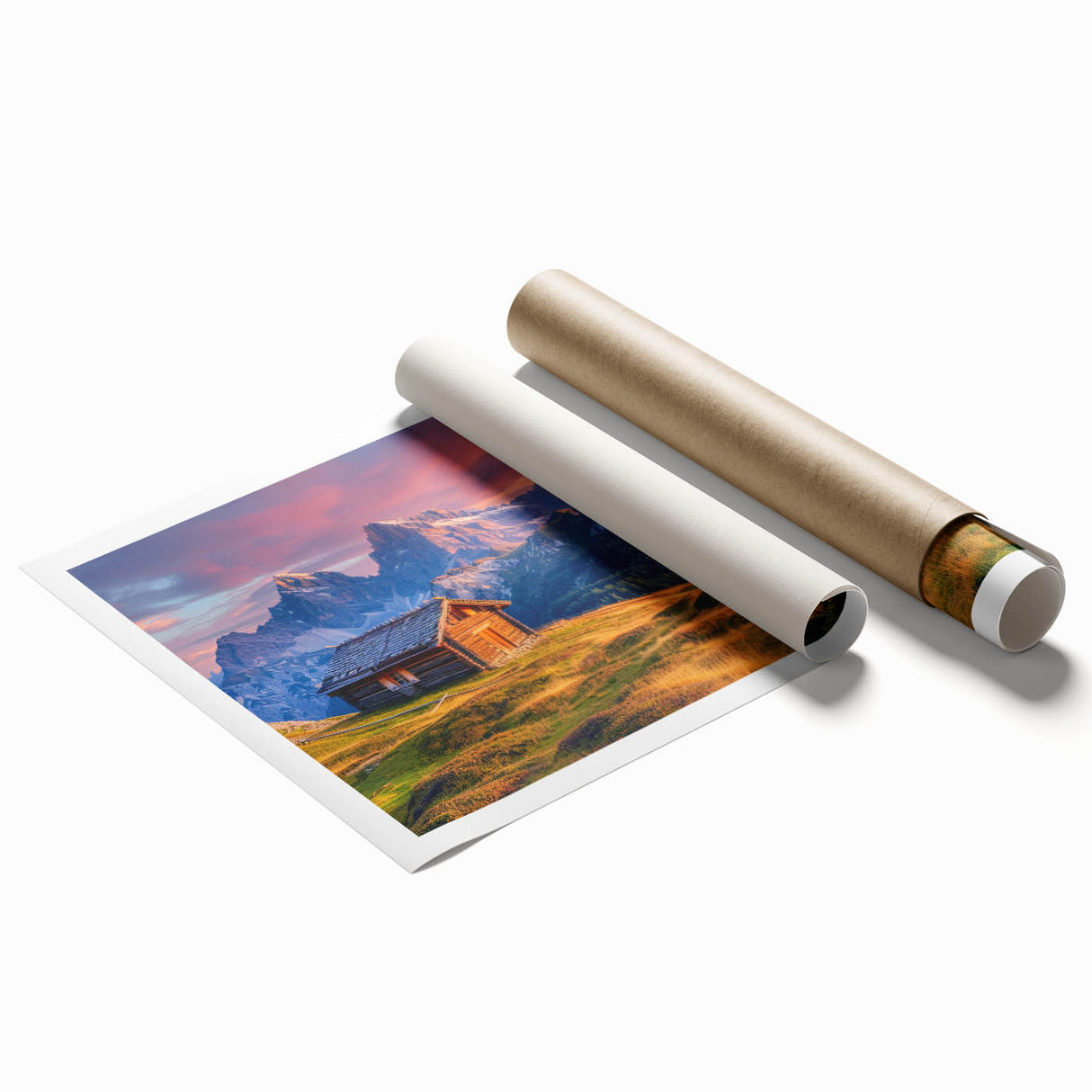 Rolled print of the Dolomites in Italy featuring lush greenery and rugged mountains, ideal for classy bathroom wall art.