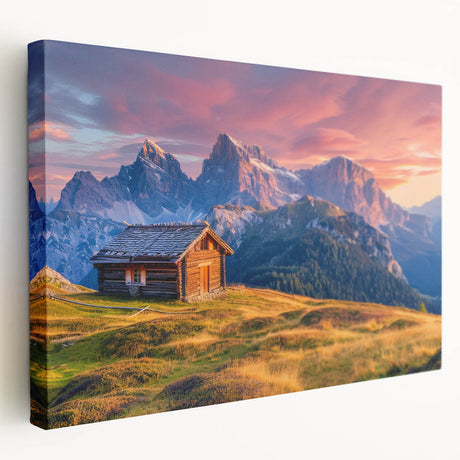 Scenic Dolomites landscape on large stretched canvas, featuring muted green and blue tones, ideal for kitchen wall art.