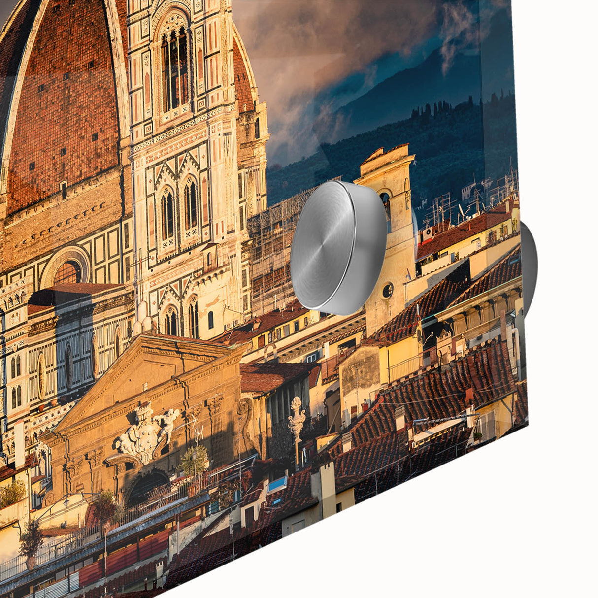 Large abstract depiction of Florence on acrylic glass, featuring muted earth tones, ideal for dining room art.