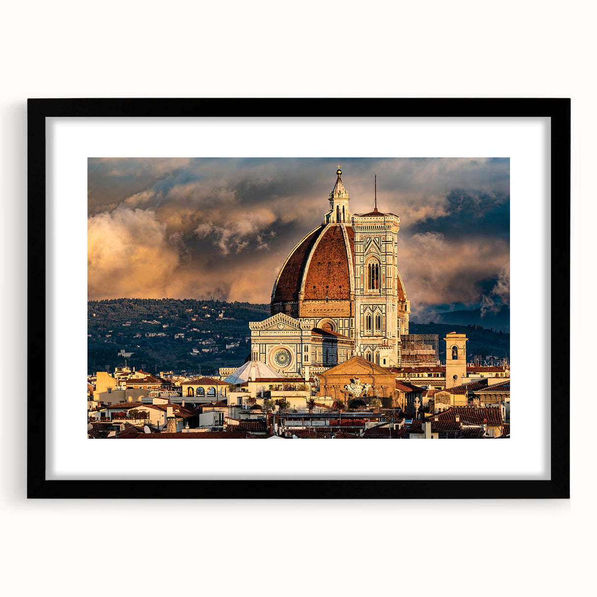 Colorful art depicting an abstract Florence landscape, in a black frame with mat, ideal for living room decor.