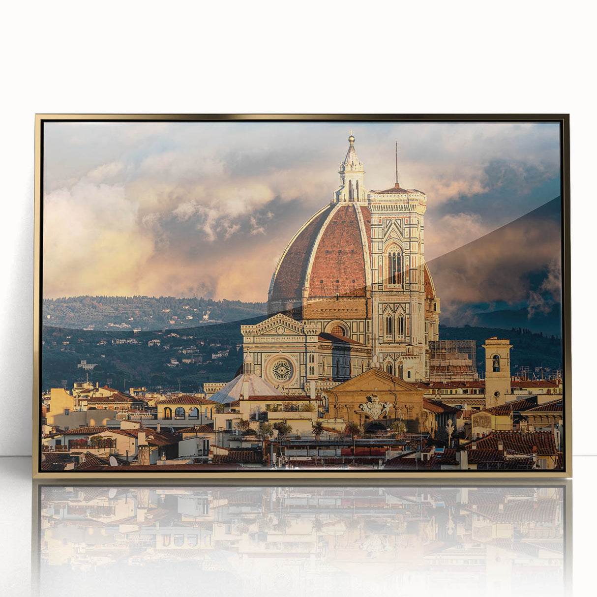 Framed acrylic print of Florence scenery with muted gold and blue tones, ideal for modern art wall decor.
