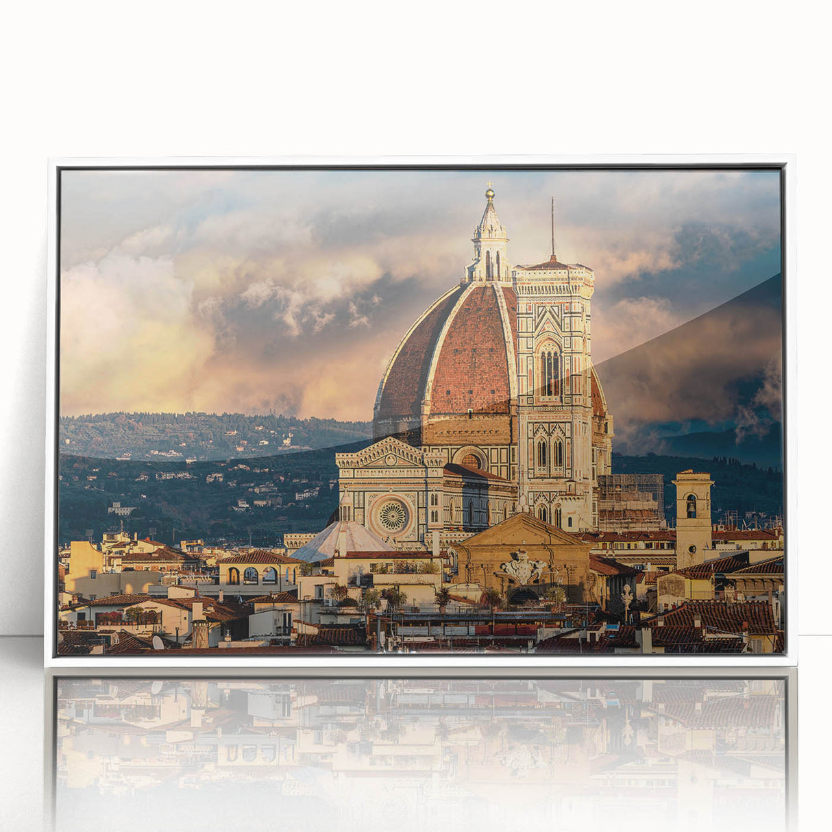 Mid-century modernist art of Florence scenery in muted earth tones on white-framed acrylic.