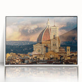 Mid-century modernist art of Florence scenery in muted earth tones on white-framed acrylic.