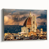 Framed canvas of a vintage Florence landscape painting, featuring colorful art on a black background.