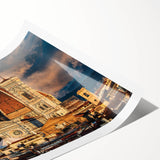 Extra large wall art depicting line art flowers over a Florence scenery, rendered in muted earth tones on rolled canvas.