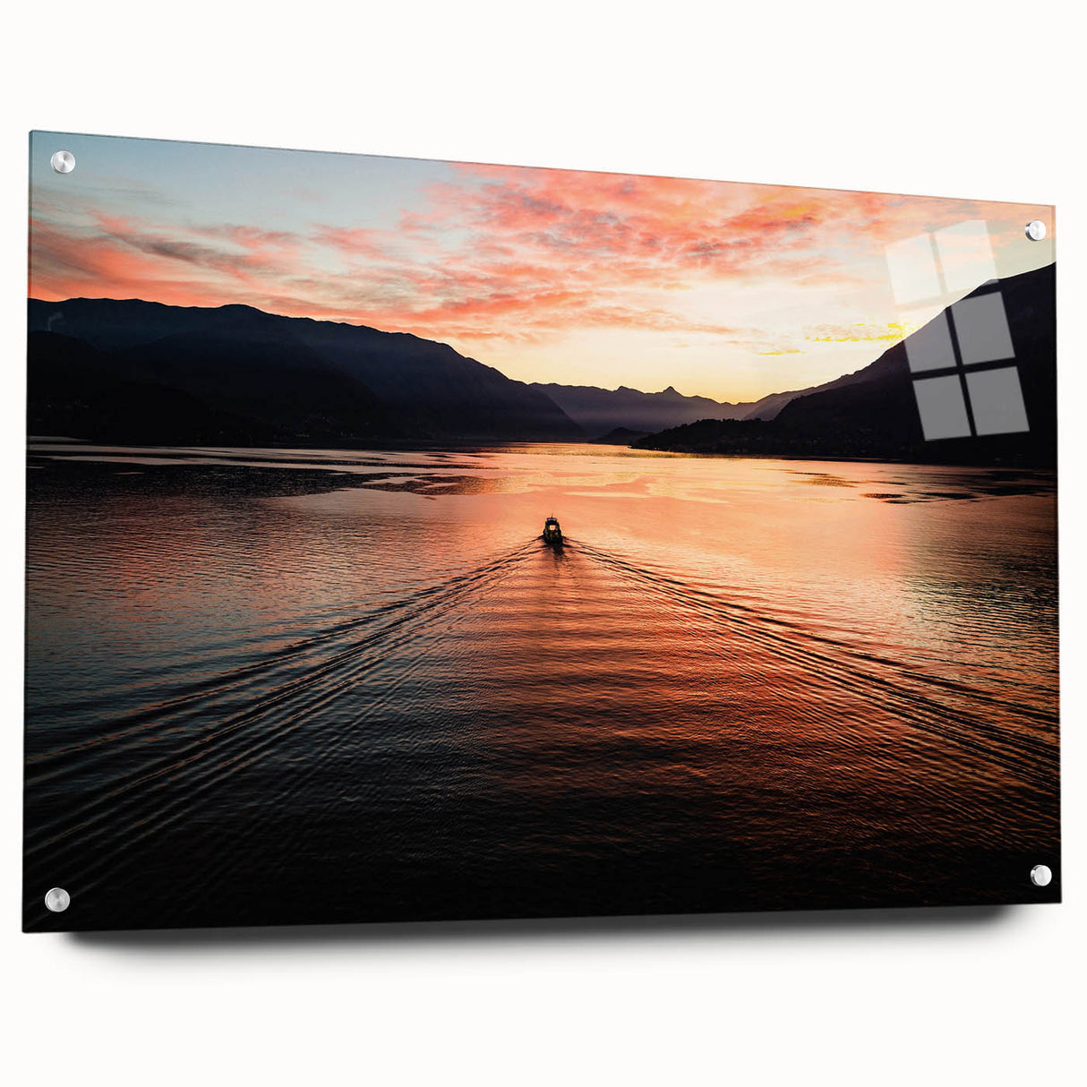 Acrylic print of Lake Como with vibrant blue and green hues, ideal for bedroom or dining room decor.