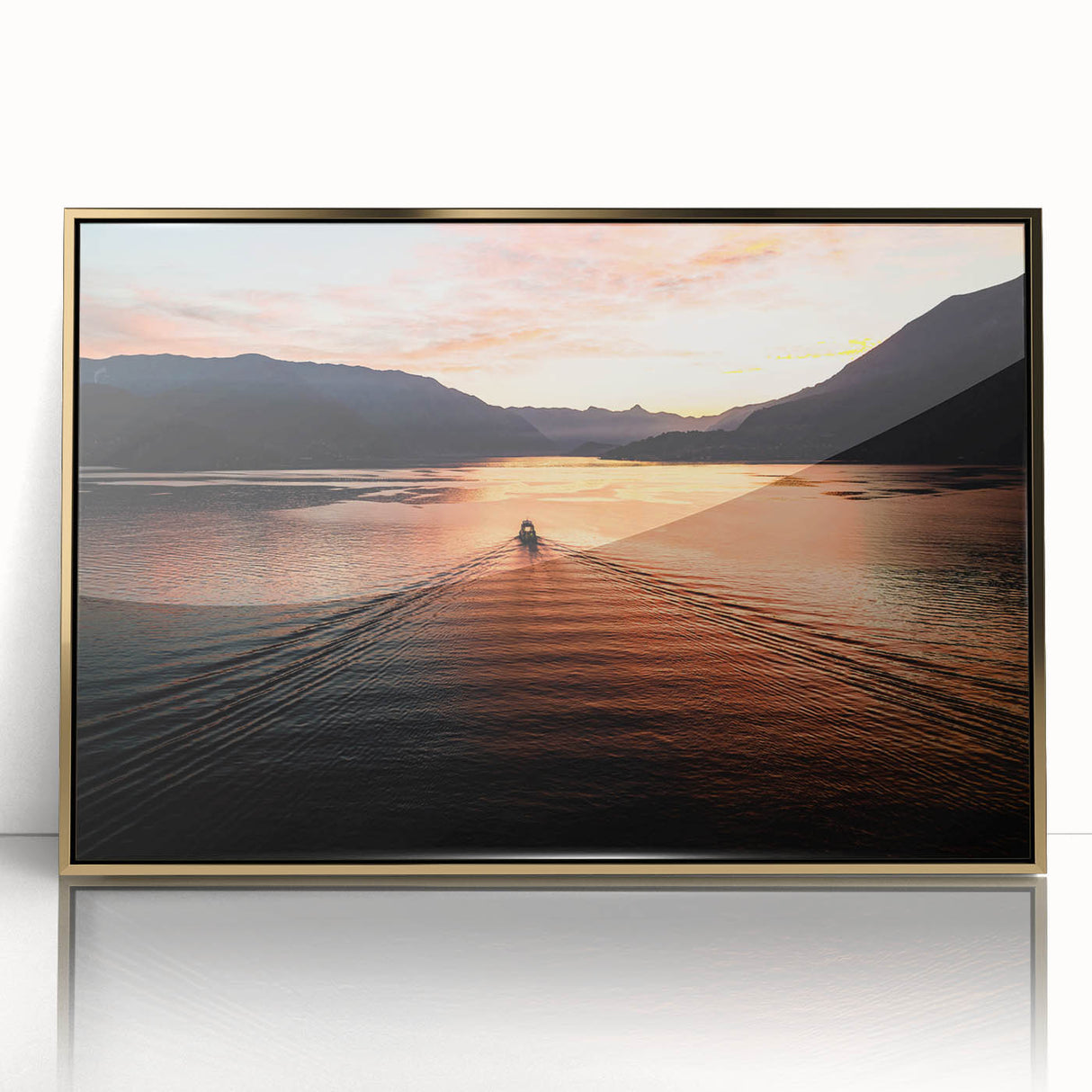 Art Deco style poster of Lake Como with muted blue and gold tones on framed acrylic, suitable for modern art wall decor.