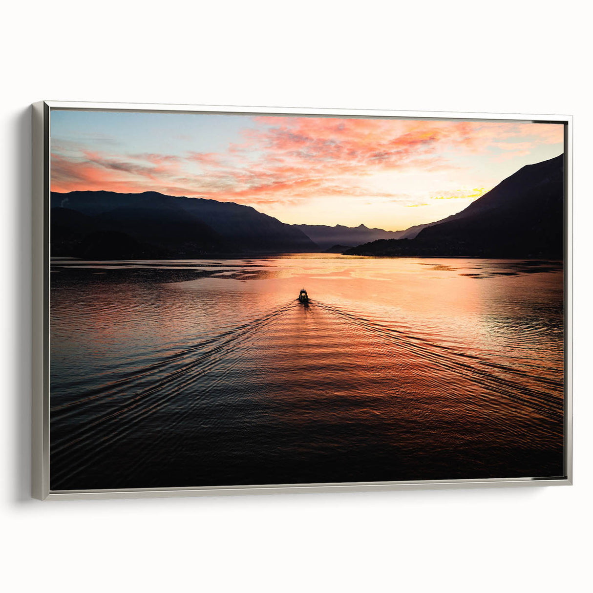 Landscape art painting of Lake Como with colorful vintage poster art style on framed canvas, ideal for living room decor.