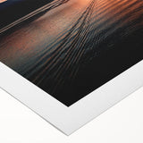 Art Deco poster of Lake Como with muted blue and green palette on rolled canvas, suitable for dining room wall art.