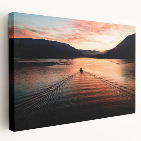 Large art print of Lake Como, Italy, in muted blue and green tones on stretched canvas, ideal for kitchen wall art.