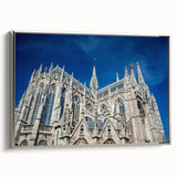 Landscape art painting of Milan on framed canvas, featuring a vintage poster style in colorful hues.