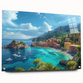 Acrylic print of Portofino, Italy scenery with vivid blue and pastel colors, ideal for dining room decor.
