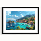 Colorful abstract art print of Portofino, Italy, featuring vibrant shades on a textured, extra-large canvas.