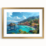 Abstract art print of Portofino, Italy in muted blue and gold tones on a framed canvas.