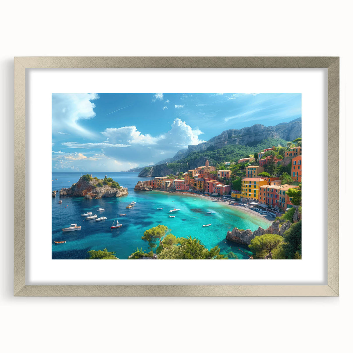 Extra large wall art featuring an abstract print of Portofino, Italy in textured blues and greens on a silver-framed canvas.