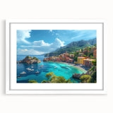 Textured abstract art print of Portofino scenery in muted earth tones on a framed white mat, ideal for bedroom art.