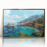 Art deco poster of Portofino, Italy, in muted pastel tones on framed acrylic, suitable for modern art wall decor.