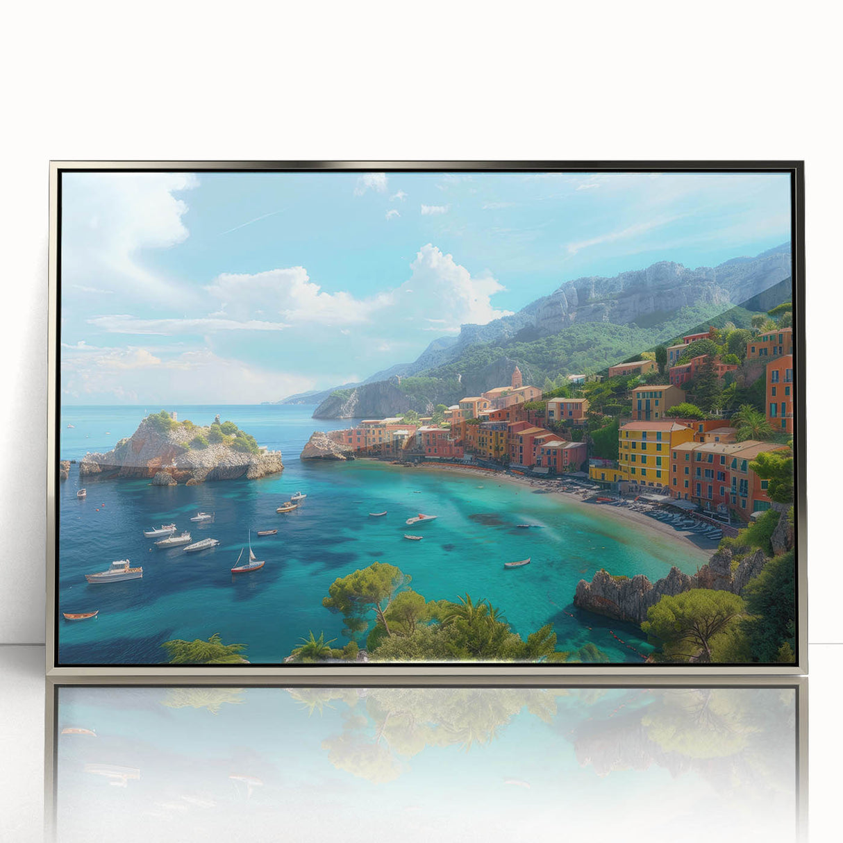 Acrylic print of Portofino, Italy with vibrant coastal hues on a silver frame, ideal for modern art wall decor.