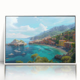 Mid-century modernist art depicting Portofino, Italy, with vibrant colors on a white-framed acrylic print.