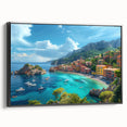 Black and white wall art of Portofino landscape on framed canvas, ideal for bedroom decor.