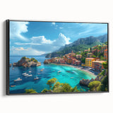 Black and white wall art of Portofino landscape on framed canvas, ideal for bedroom decor.