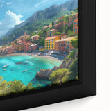 Extra large framed canvas featuring a textured depiction of Portofino, Italy, with vibrant color accents.