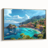 Framed canvas depicting a vintage-style landscape of Portofino, Italy, with muted earth tones, ideal for bedroom wall art.