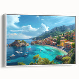 Vintage poster art of Portofino, Italy, featuring colorful imagery on extra large framed canvas, ideal for living room decor.