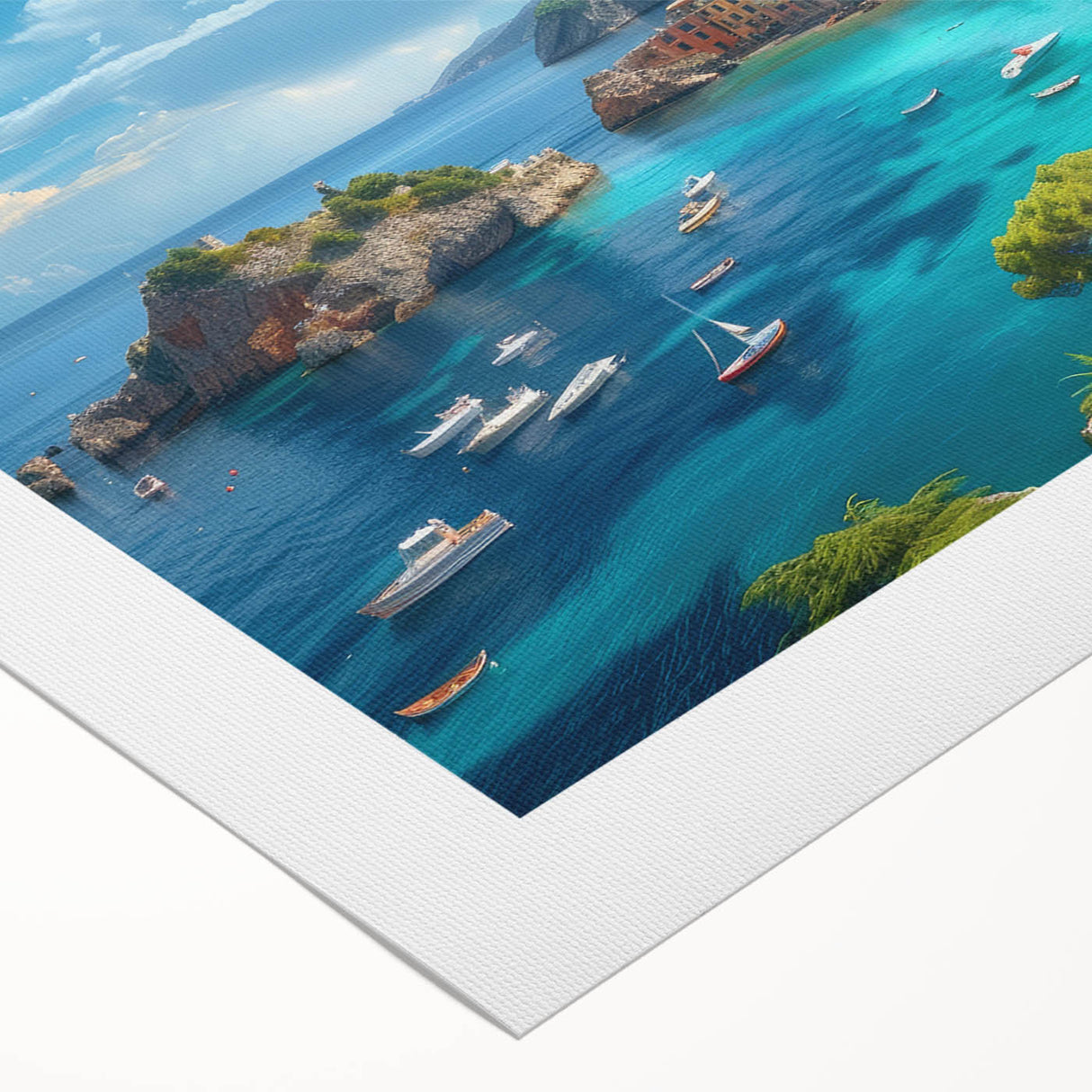 Art deco poster depicting the scenic Portofino coastline on rolled canvas, featuring vibrant blues and greens.