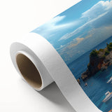 Art deco poster of Portofino, Italy, with vibrant coastal hues on rolled canvas.