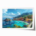 Rolled print of Portofino, Italy, featuring a coastal scene in vibrant blues and greens, ideal for art wall dining room.