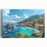 Black and white stretched canvas featuring a scenic view of Portofino, Italy, ideal for kitchen wall art or bedroom ambiance.