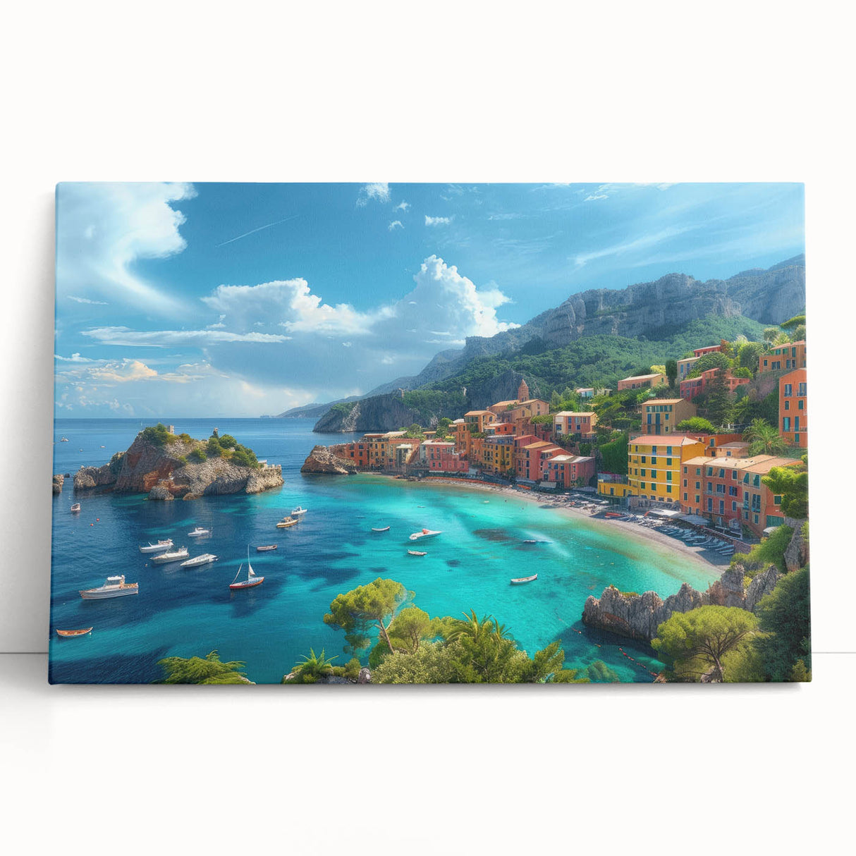 Black and white image of Portofino, Italy on stretched canvas, ideal for kitchen wall art.