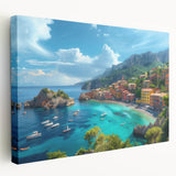 Portofino, Italy coastal scene on stretched canvas, featuring vivid blue and green tones, ideal for kitchen wall art.
