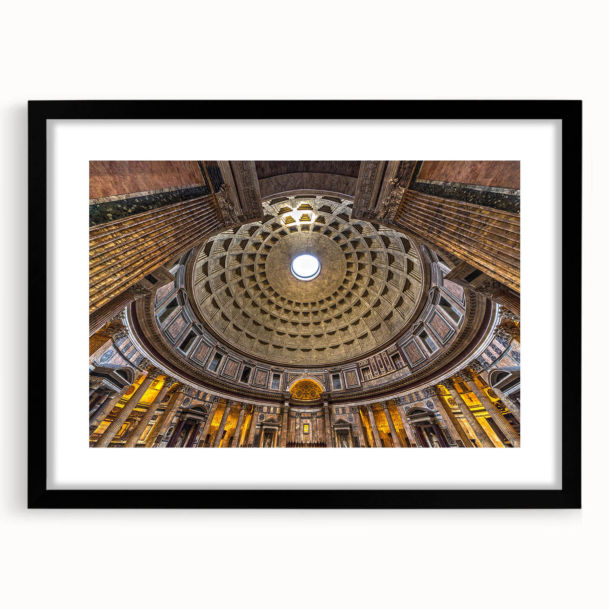 Colorful abstract art print of Rome scenery on a large textured canvas, framed in black, ideal for living room decor.