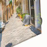 Large abstract wall art featuring a Sicilian landscape in muted earth tones on acrylic glass, ideal for dining room ambiance.