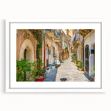 Textured art print of an abstract Sicilian landscape in muted earth tones on a framed white mat, ideal for bedroom art.