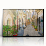 Large abstract wall art depicting a Sicilian landscape in muted earth tones on a framed acrylic.