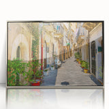 Large art print of a Sicilian landscape in mid-century modernist style, framed in silver acrylic.